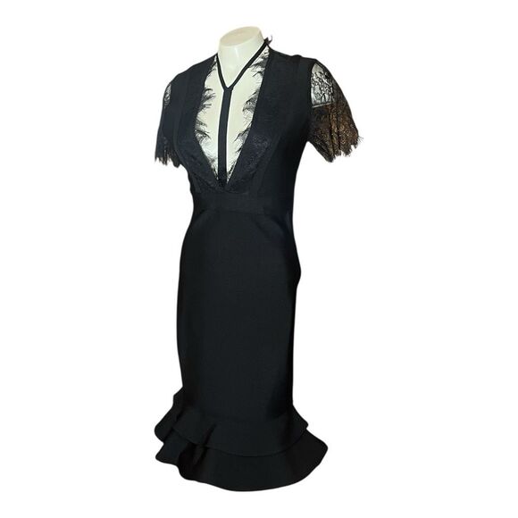 Venus‎ Black Chantilly Lace Black Bandage VNeck Dress Ruffle Hem - Picture 2 of 9